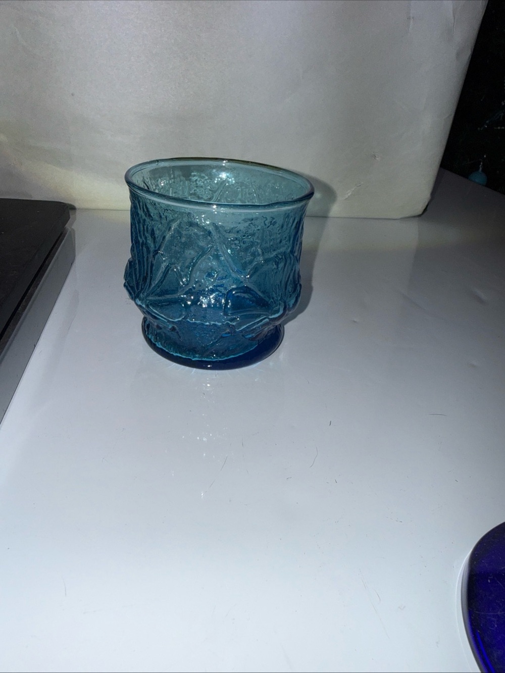Vintage Anchor Hocking Rain Flower Blue Juice Glass 8 Ounce